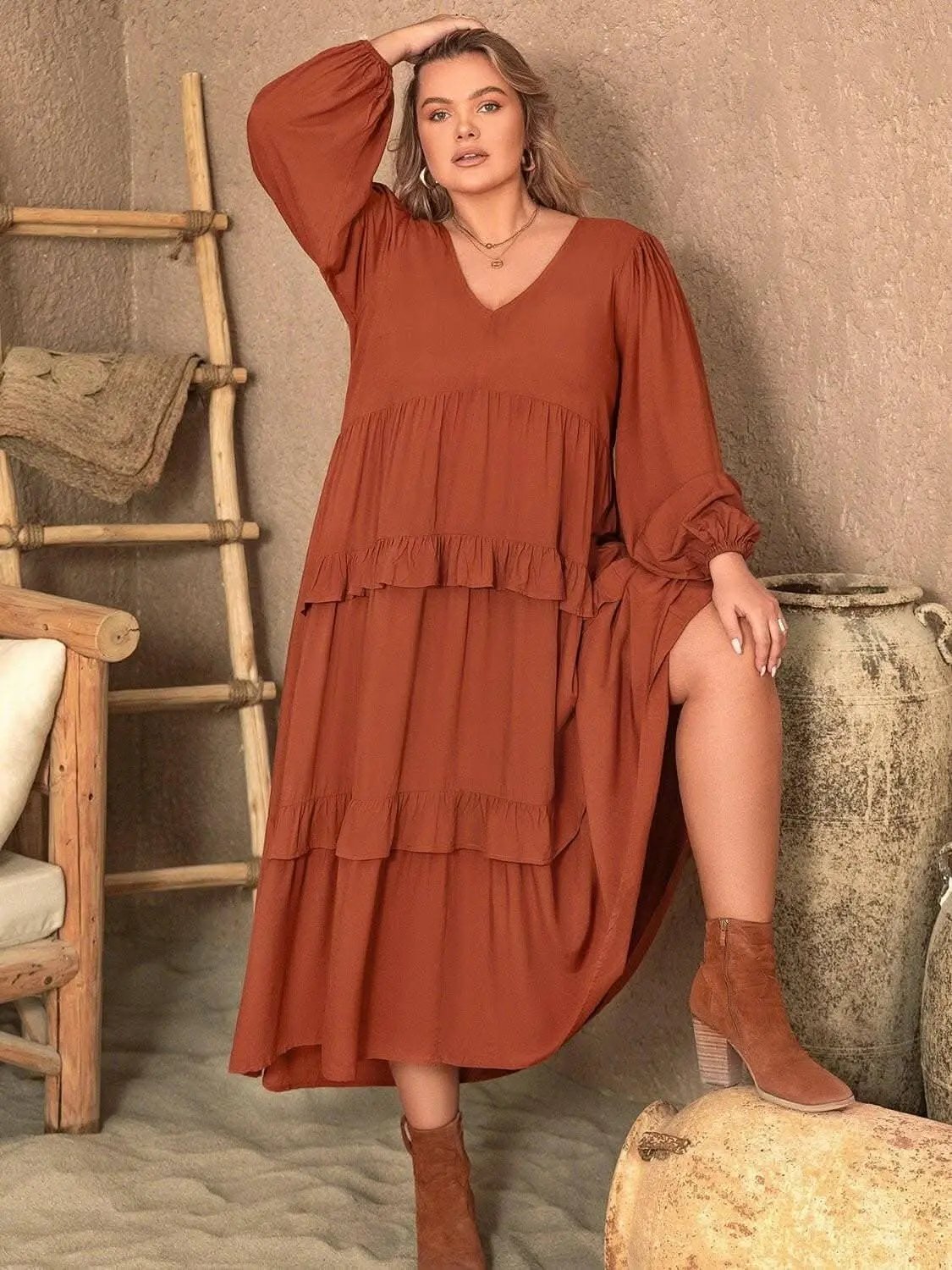 Curvy elegance: Ruffled V-neck balloon sleeve dress for every occasion - Love Salve
